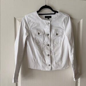 Talbots Collarless White Denim Jacket with Frayed Detail
